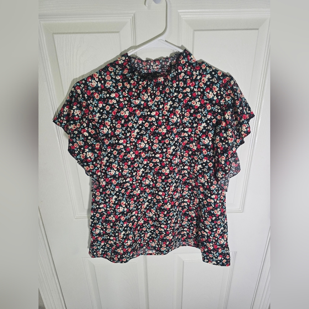 Womens Short Sleeve Floral Ruffle High Neck Casual Blouse Large - Picture 9 of 9